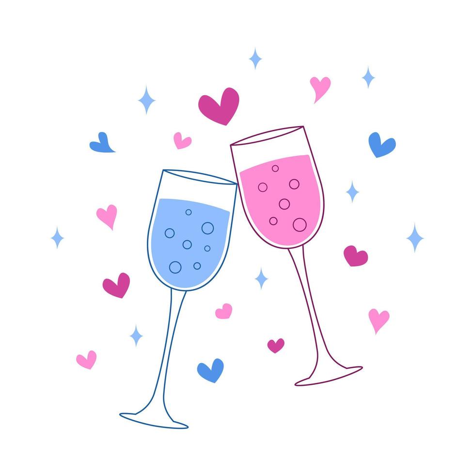 Two glasses of champagne clink. Romantic date or Valentines Day celebration. Toast of couple on holiday. Vector doodle illustration