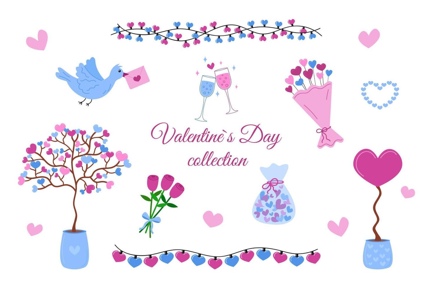 Valentines Day set of design elements isolated. Vector collection of pink and blue love cliparts on white background. Valentine flat hearts, flowers, love tree and garlands