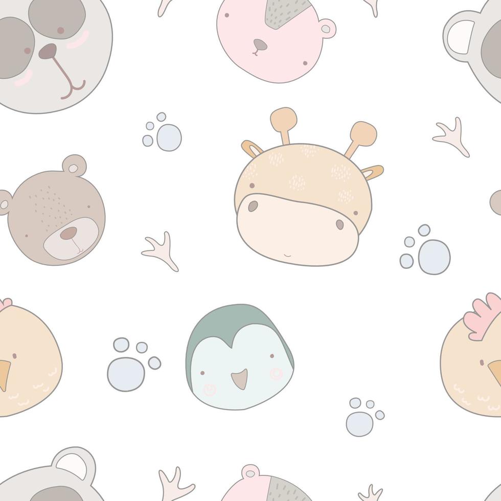 Vector seamless childish pattern with a cute baby animals on a white background.