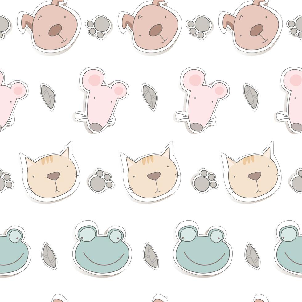 Vector seamless childish pattern with a cute baby dog, cat, mouse, frog on a white background.