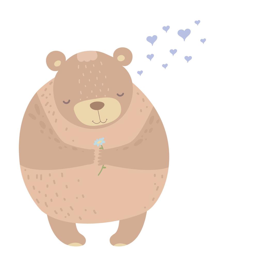 cute holiday greeting cards Valentine's Day . Concept romantic card with cute happy bear and the flower, herart vector