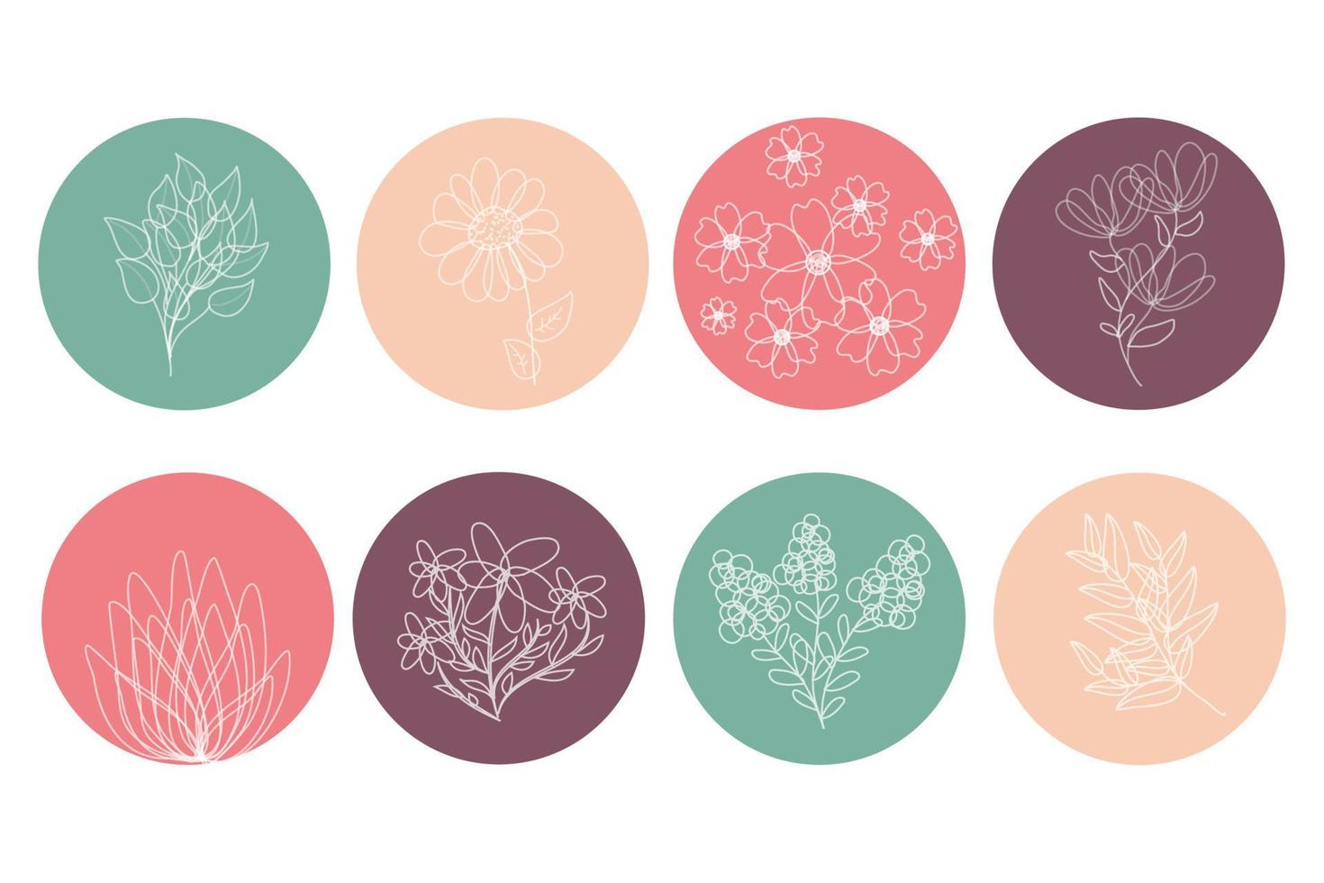 Highlight covers icons for social media stories. circles with flowers and leaves. Round floral botanical icons. bloggers, brands, stickers, wending, design, decor vector