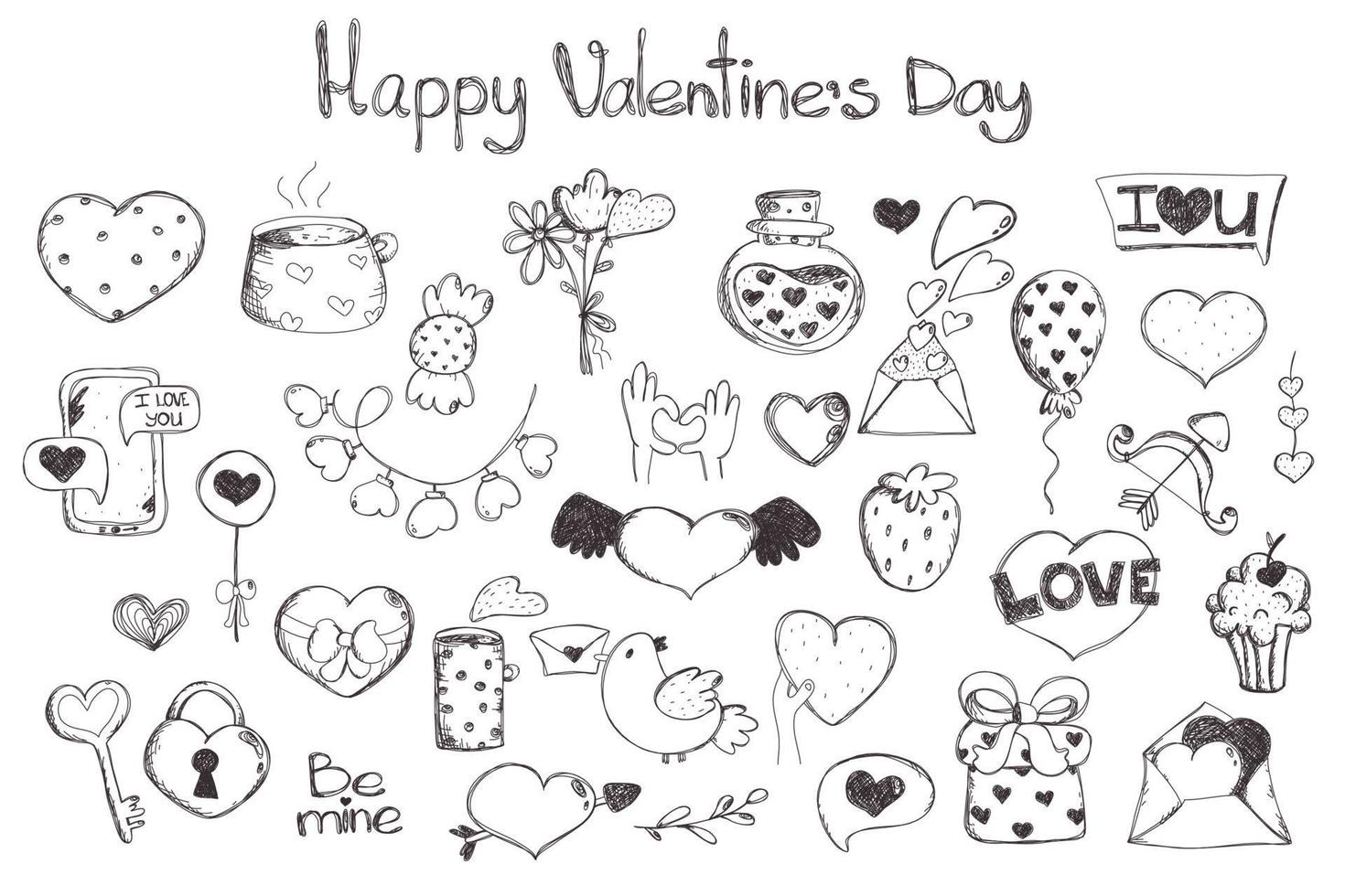el día de san valentín establece el amor. imágenes prediseñadas de amor. muchos objetos románticos diversos. elementos dibujados a mano sobre el amor. vector