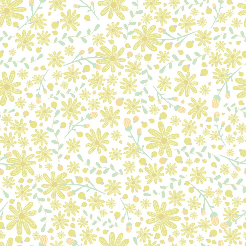 patrón floral. bonitas flores sobre fondo blanco. impresión con pequeñas flores amarillas. impresión ditsy. textura fluida. lindos patrones de flores de verano. plantilla elegante para impresoras de moda vector