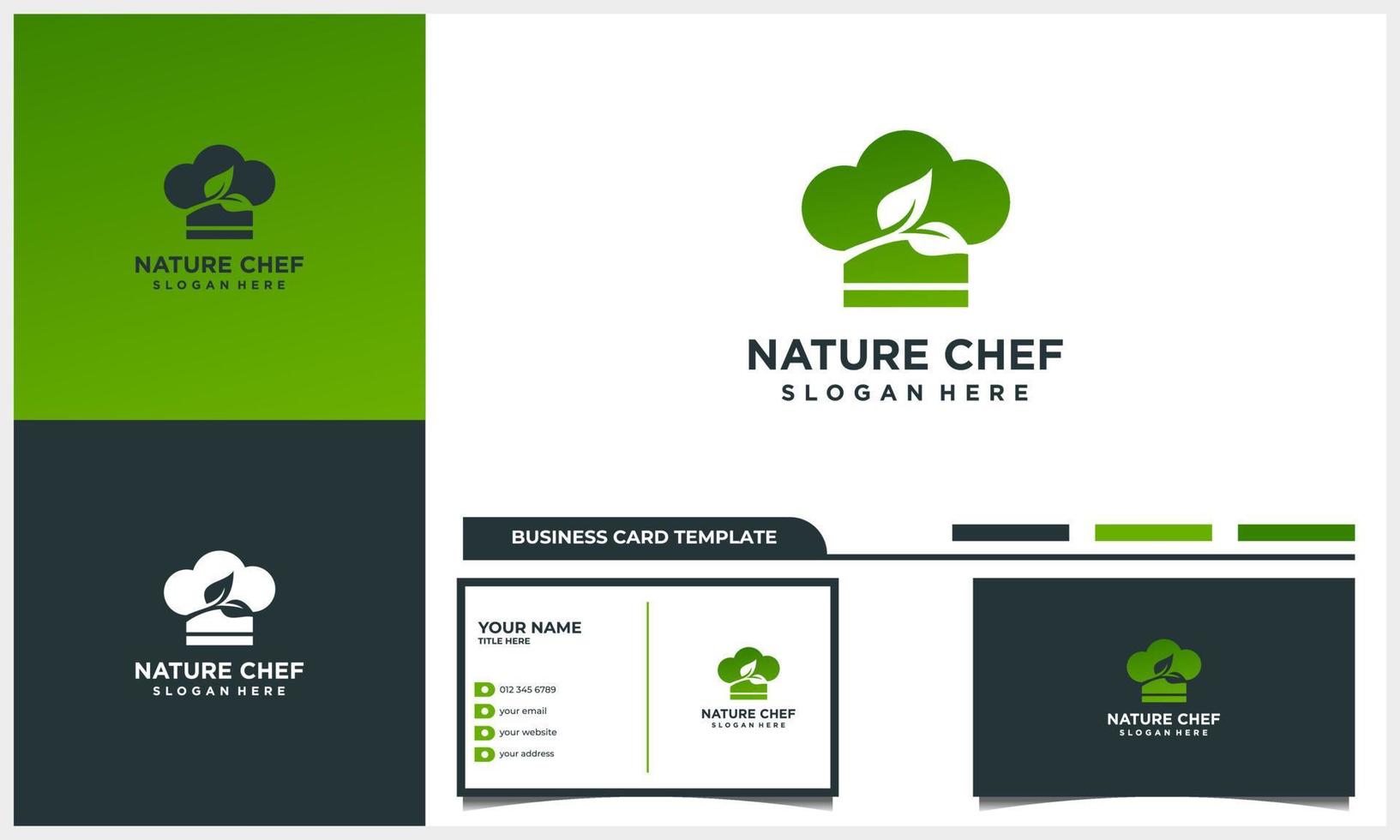 chef head logo with green leaf logo concept with business card template vector