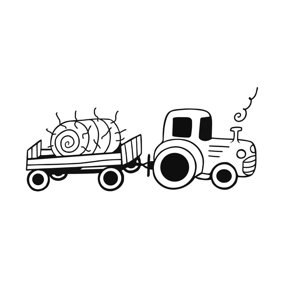 Tractor with a trailer, hay in a roll on a white background. Harvest time. Doodle illustration for printing, greeting cards, posters, stickers, textile and seasonal design. vector