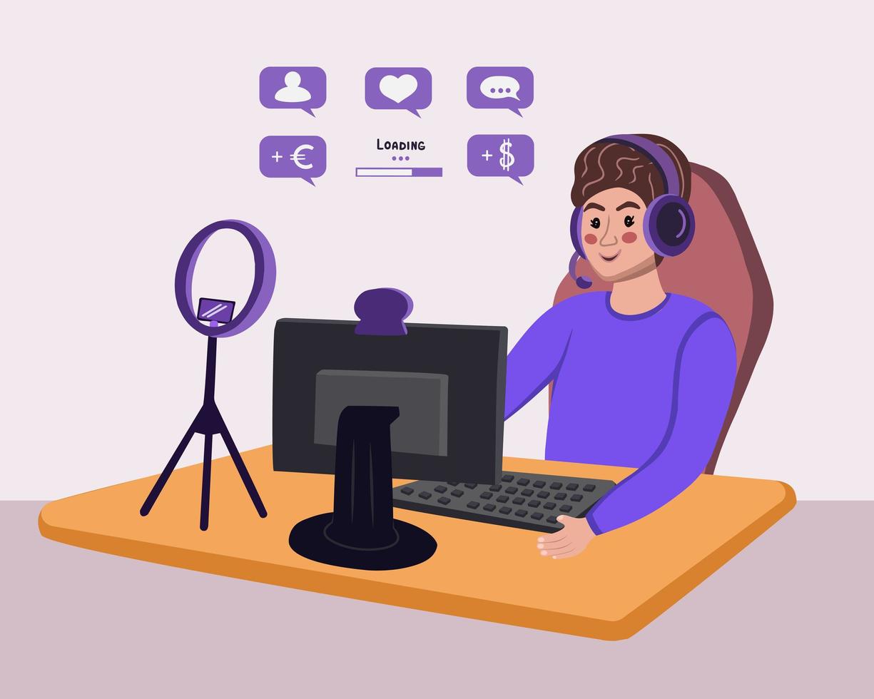 Video game streamer. Illustration. E-sport gamer live streaming online videogame play and viewer with computer