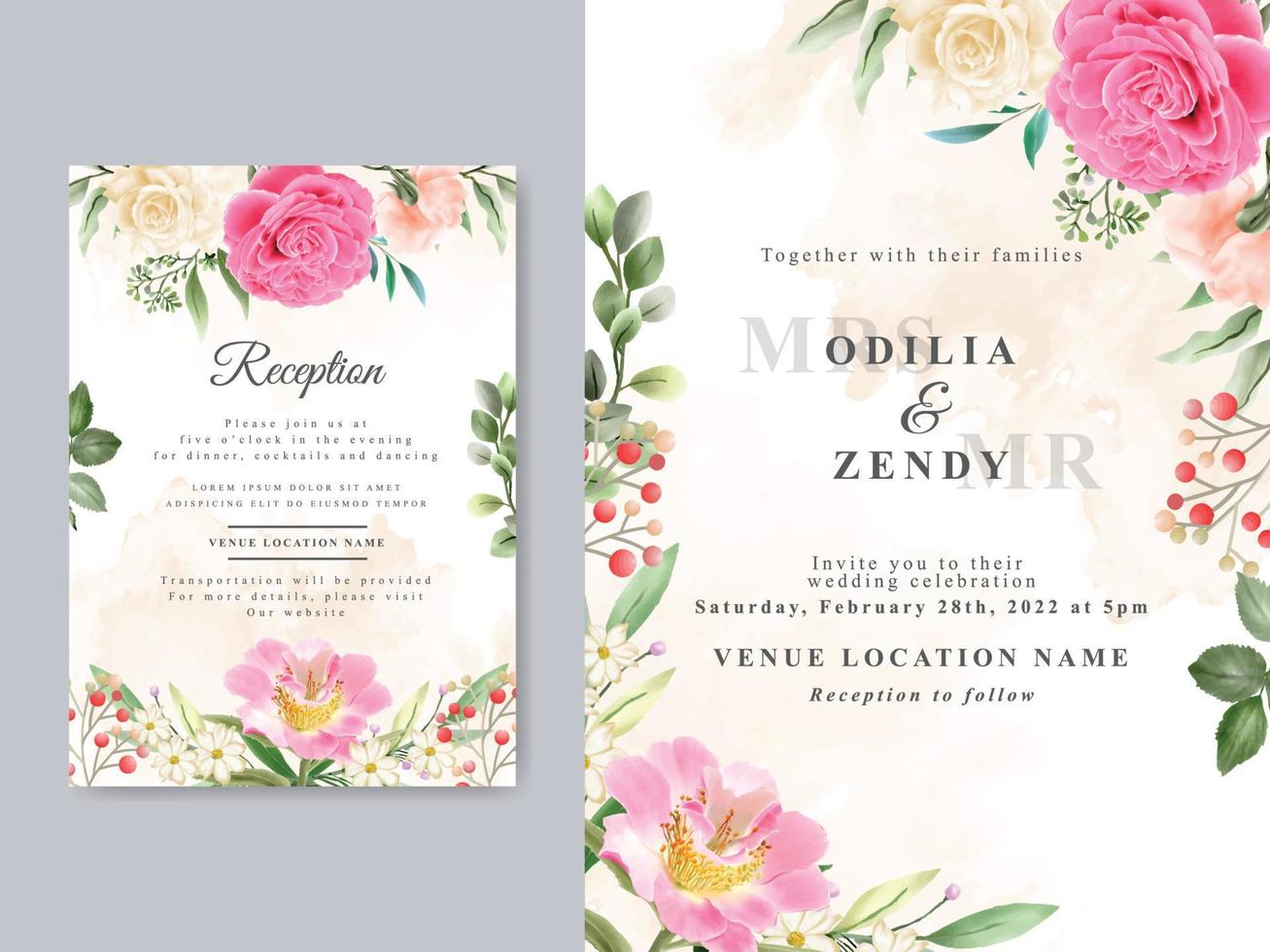 Beautiful pink and yellow flowers wedding invitation card vector