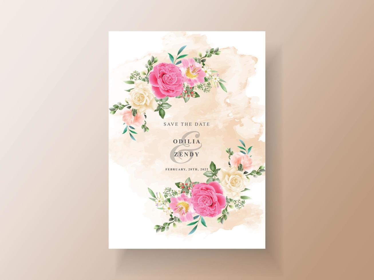 hermosa tarjeta de invitación de boda de flores rosadas y amarillas vector