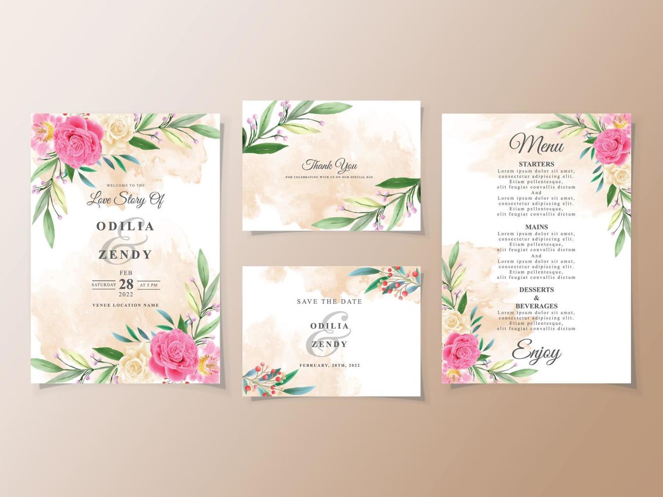 Beautiful pink and yellow flowers wedding invitation card vector