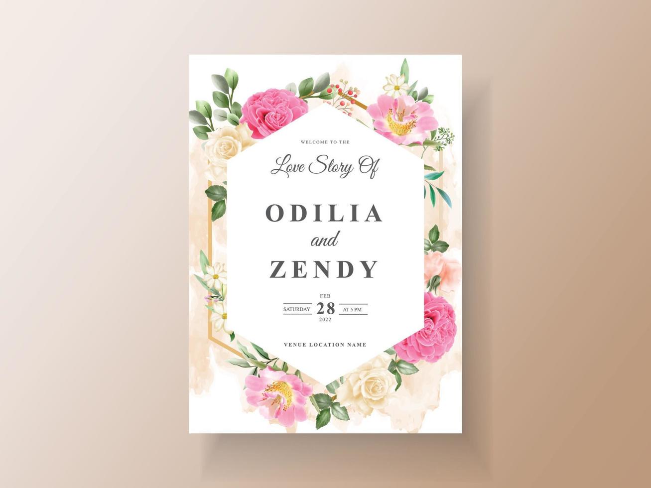 hermosa tarjeta de invitación de boda de flores rosadas y amarillas vector