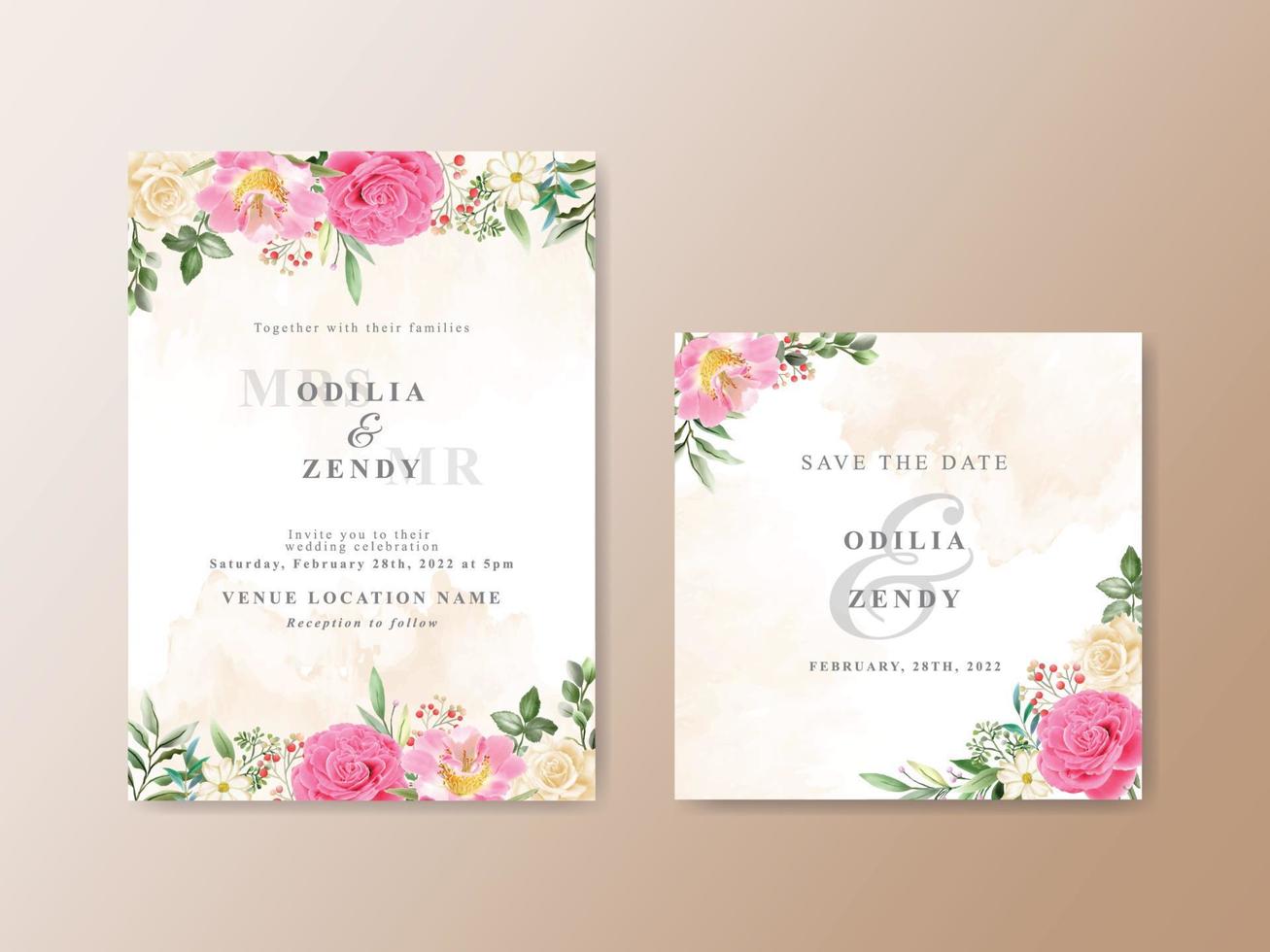 hermosa tarjeta de invitación de boda de flores rosadas y amarillas vector