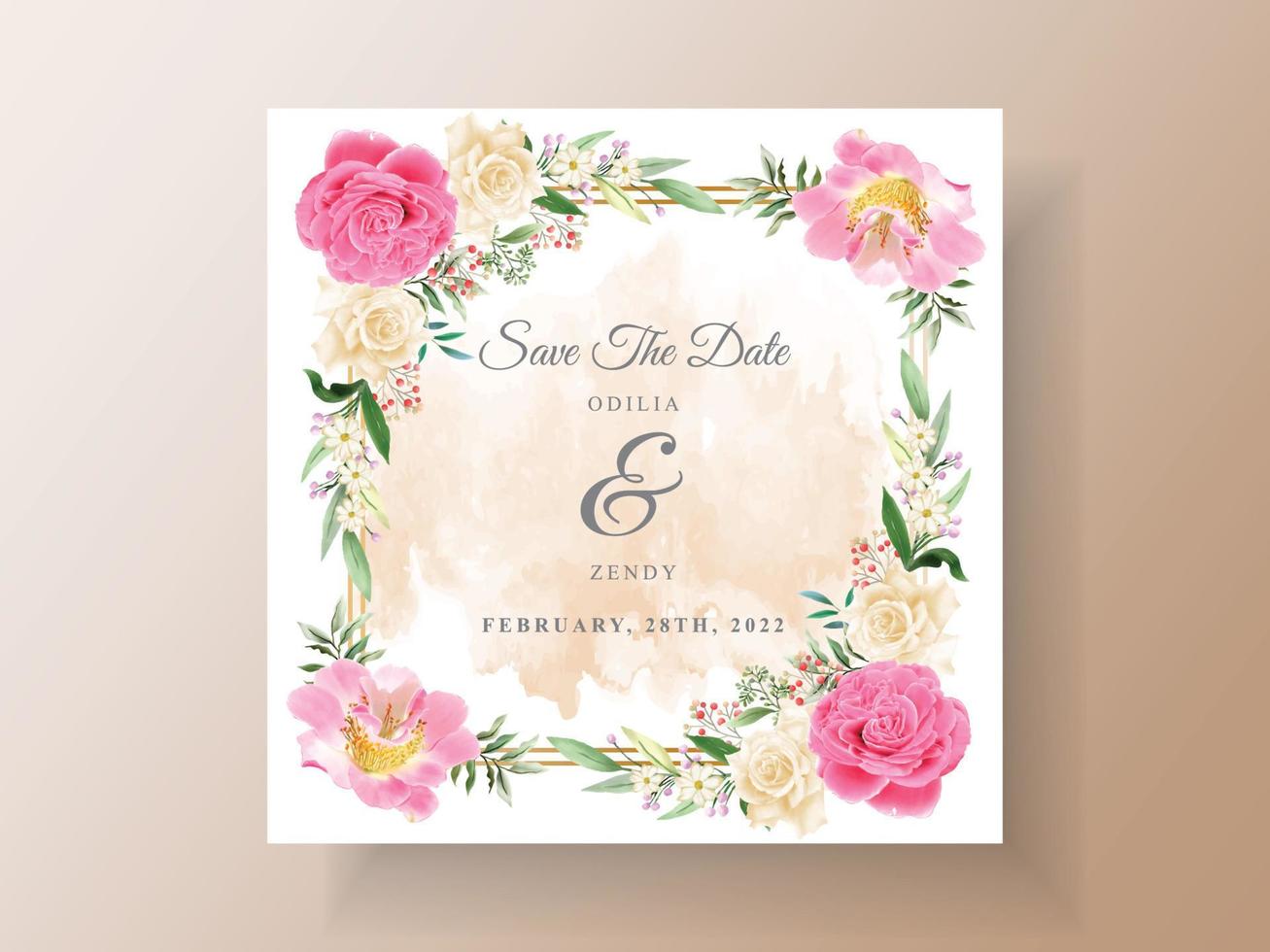 hermosa tarjeta de invitación de boda de flores rosadas y amarillas vector