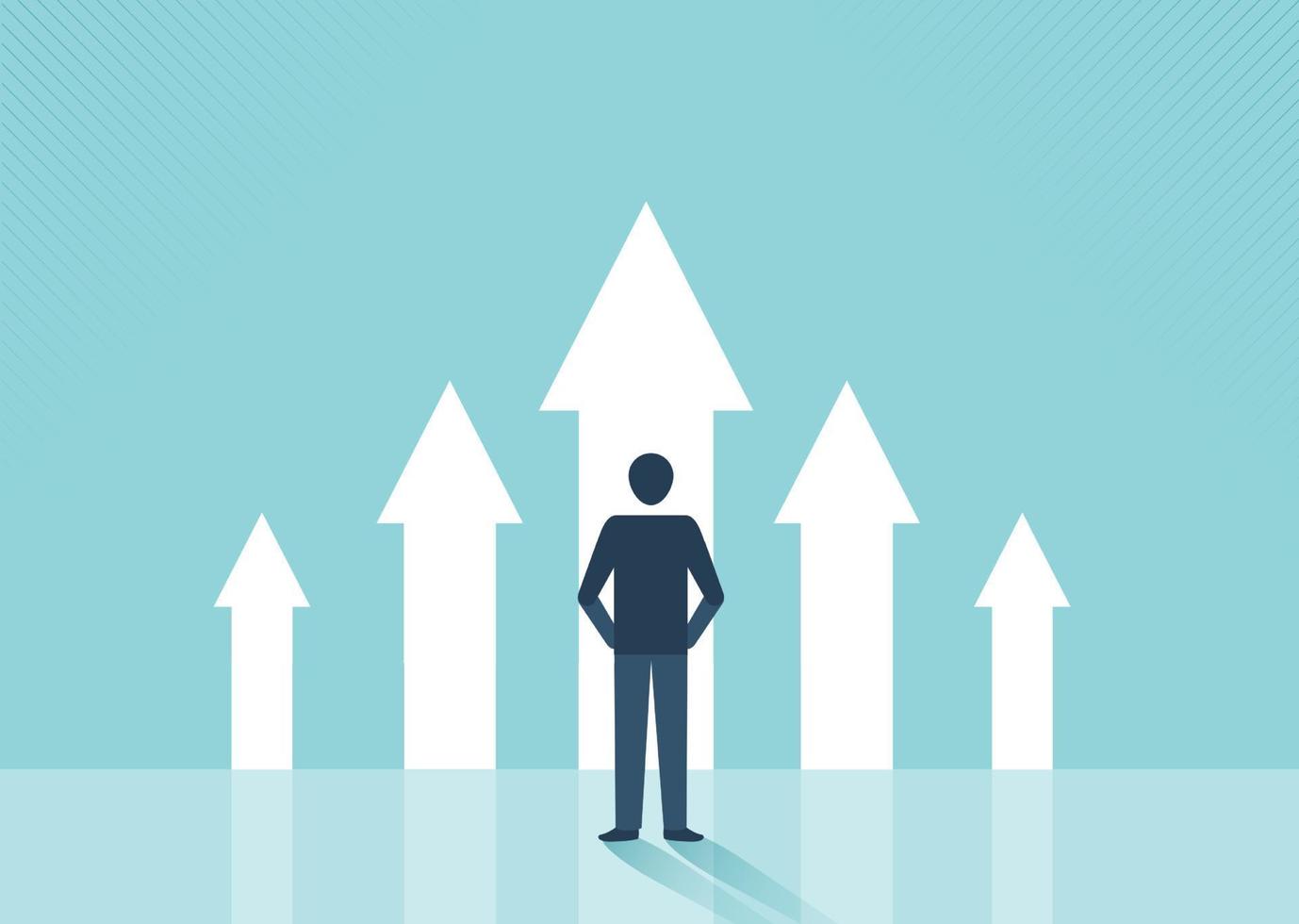 Businessman standing on the crossroads with arrows. Different direction and success concept vector design.