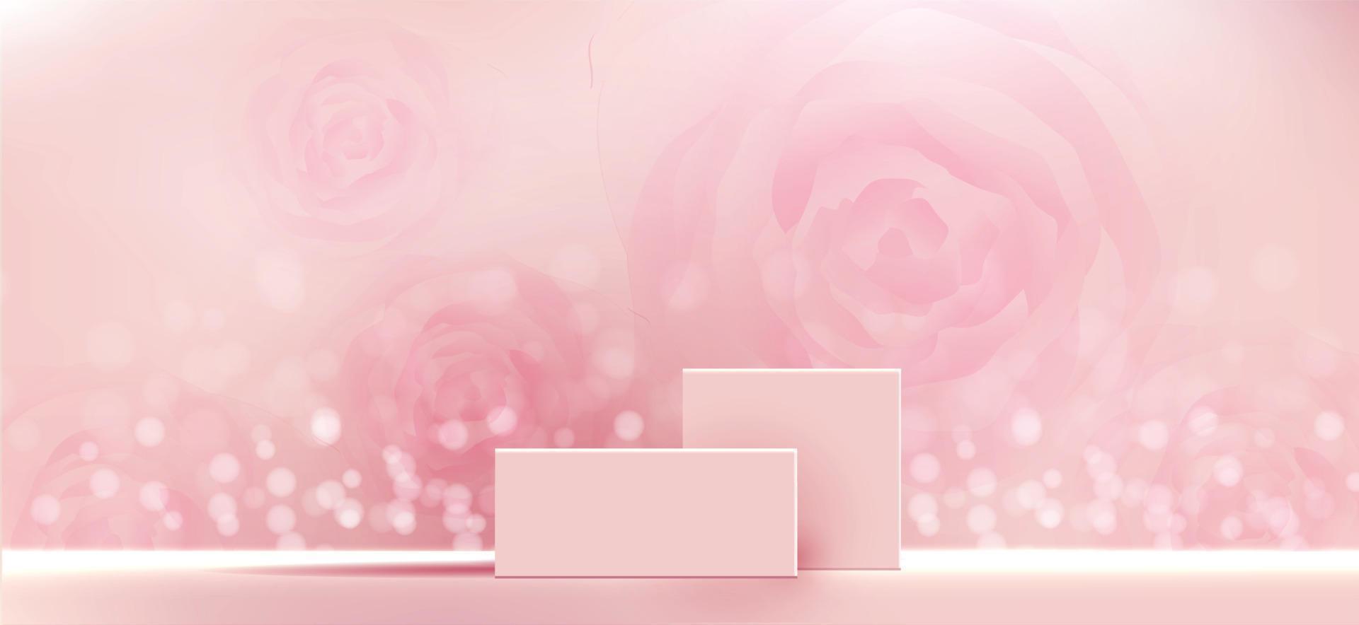 Fondo cosmético para presentación de productos, marcas y envases. Moldeado cuadrado de forma geométrica en el escenario del podio con sombra de fondo de partículas de brillo rosa. diseño vectorial. vector