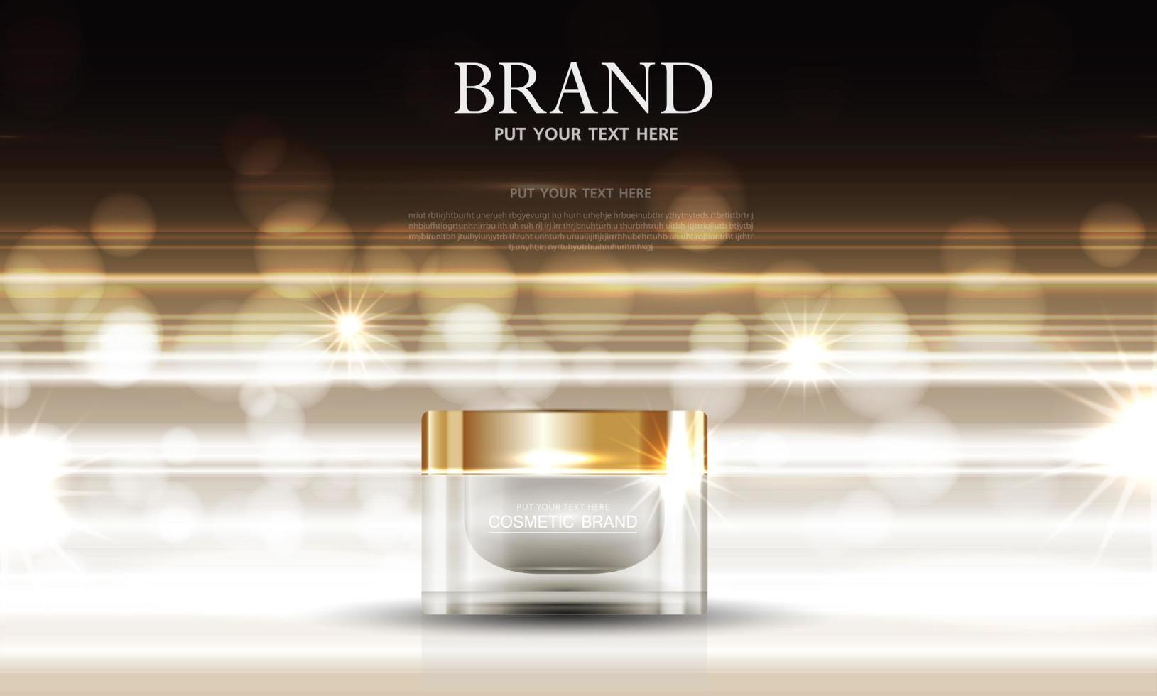 Hydrating facial skincare for annual sale or festival sale. gold cream mask bottle isolated on glitter particles background for product presentation. Graceful cosmetic ads, Vector illustration.