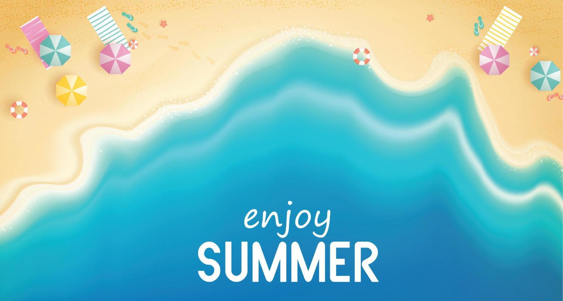 verano de vista superior con equipo de juego de agua colocado en la playa. Fondo de playa con anillo de natación, sandalias, sombrillas, pelotas, estrellas de mar y mar. ilustración vectorial. vector