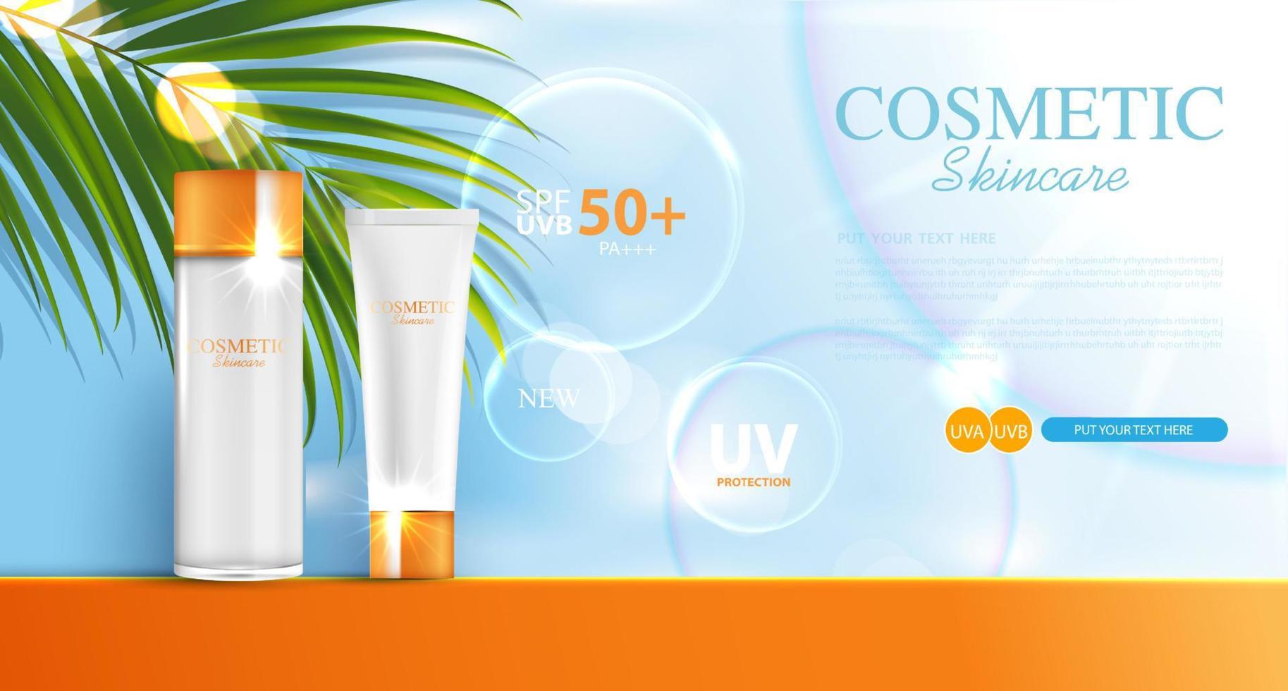 Plantilla de anuncios de bloqueador solar, diseño de productos cosméticos de protección solar con crema hidratante o líquido, sol y fondo de playa, diseño vectorial vector