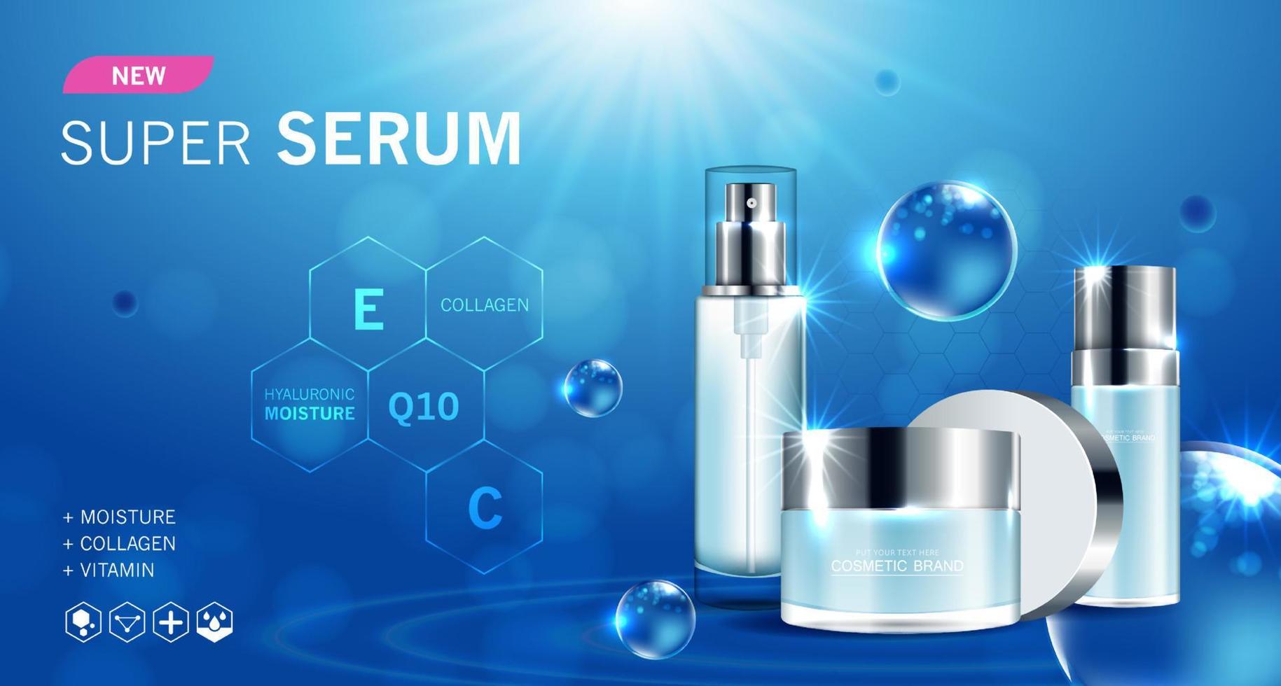 Cosmetics or skin care product ads with bottle and blue background glittering light effect. vector illustration design EPS10.