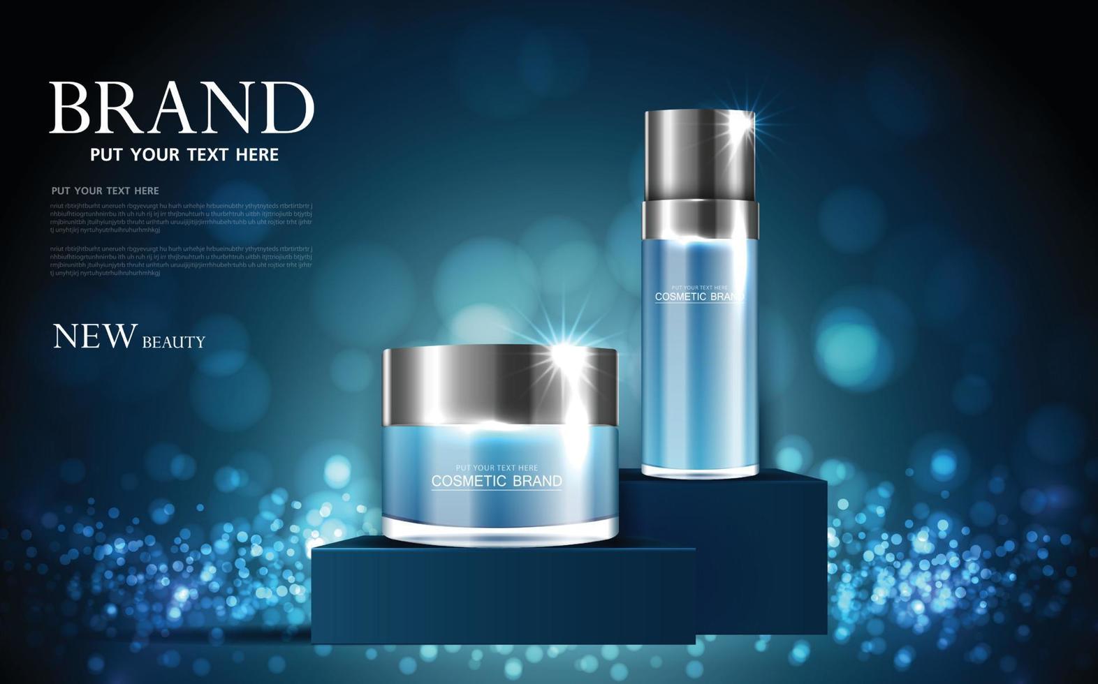 Cosmetics or skin care product ads with bottle, blue background glittering light effect. vector design.