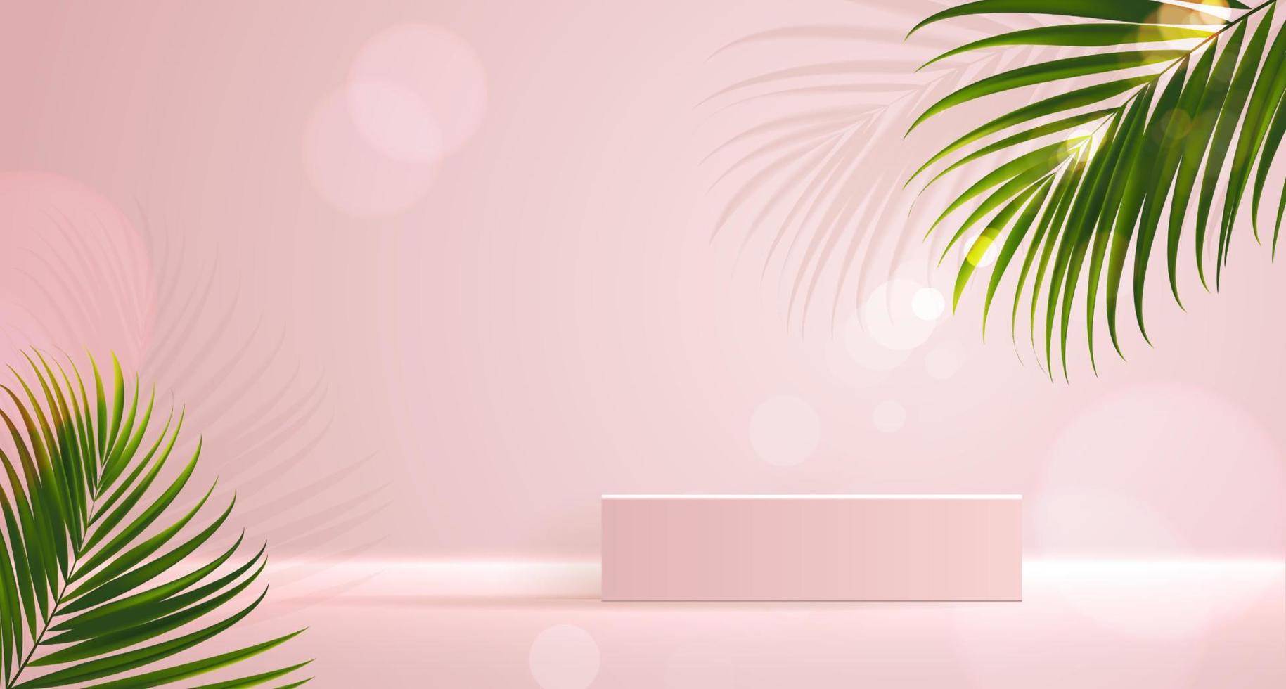 Cosmetic background for product, branding and packaging presentation. geometry form square molding on podium stage with tropical leaf background. vector design