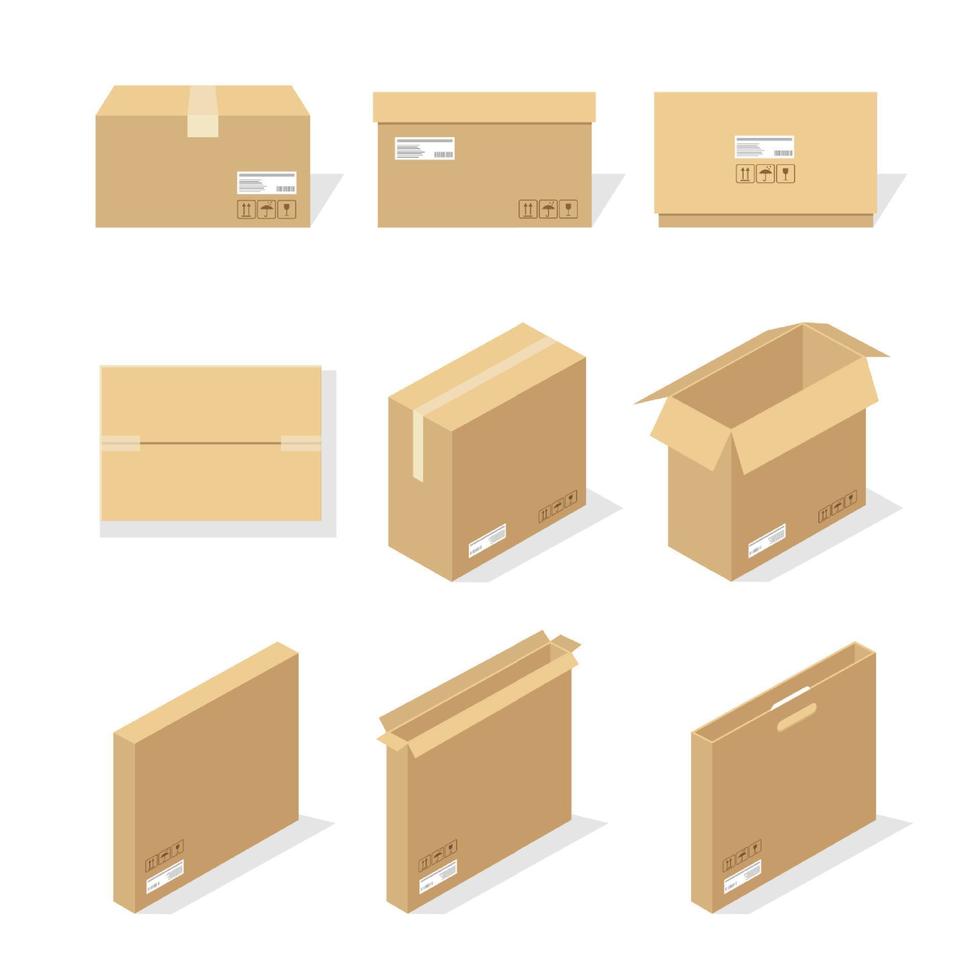 Cajas de cartón o papel de embalaje y caja de envío. paquetes de cartón y pila de paquetes de entrega, mercancías de almacén plano y transporte de carga. ilustración de diseño vectorial. vector