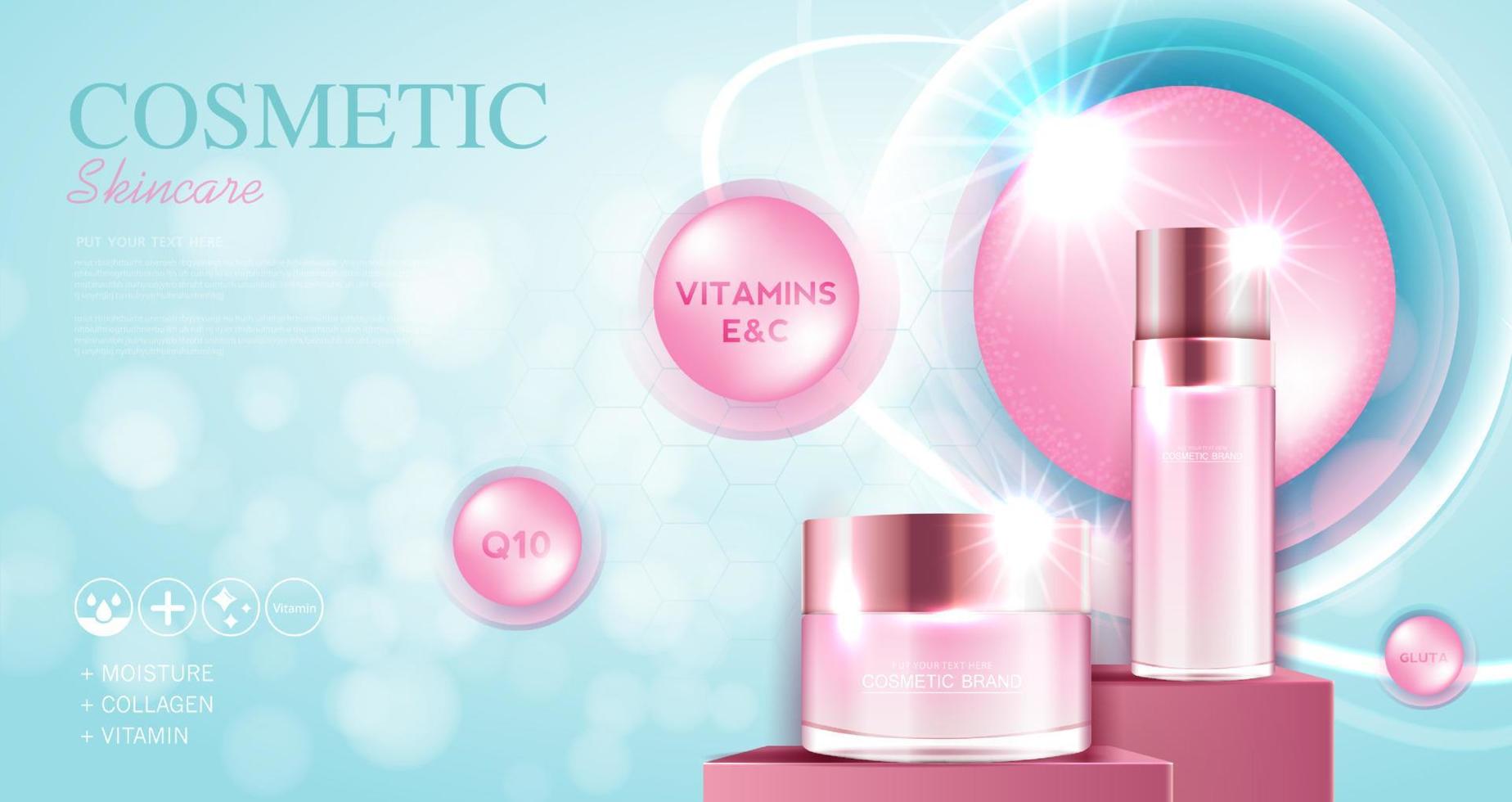 cosméticos o anuncios de productos para el cuidado de la piel con efecto de luz brillante de botella y fondo azul. diseño de ilustración vectorial eps10. vector