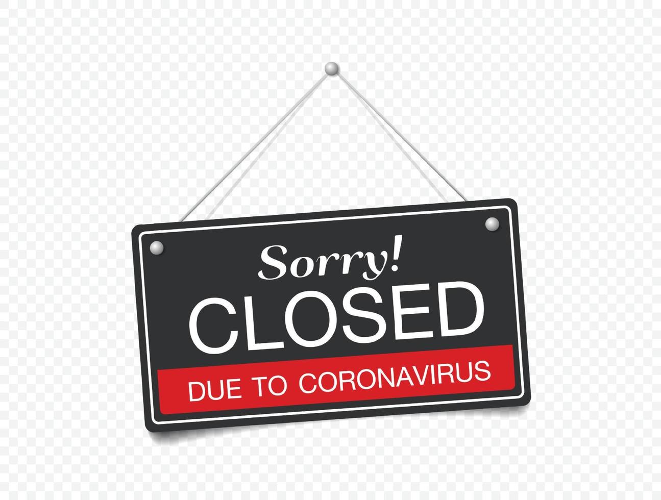 Hanging sign about coronavirus and close-up on a red closed sign of a shop displaying the message Sorry closed due to coronavirus. vector