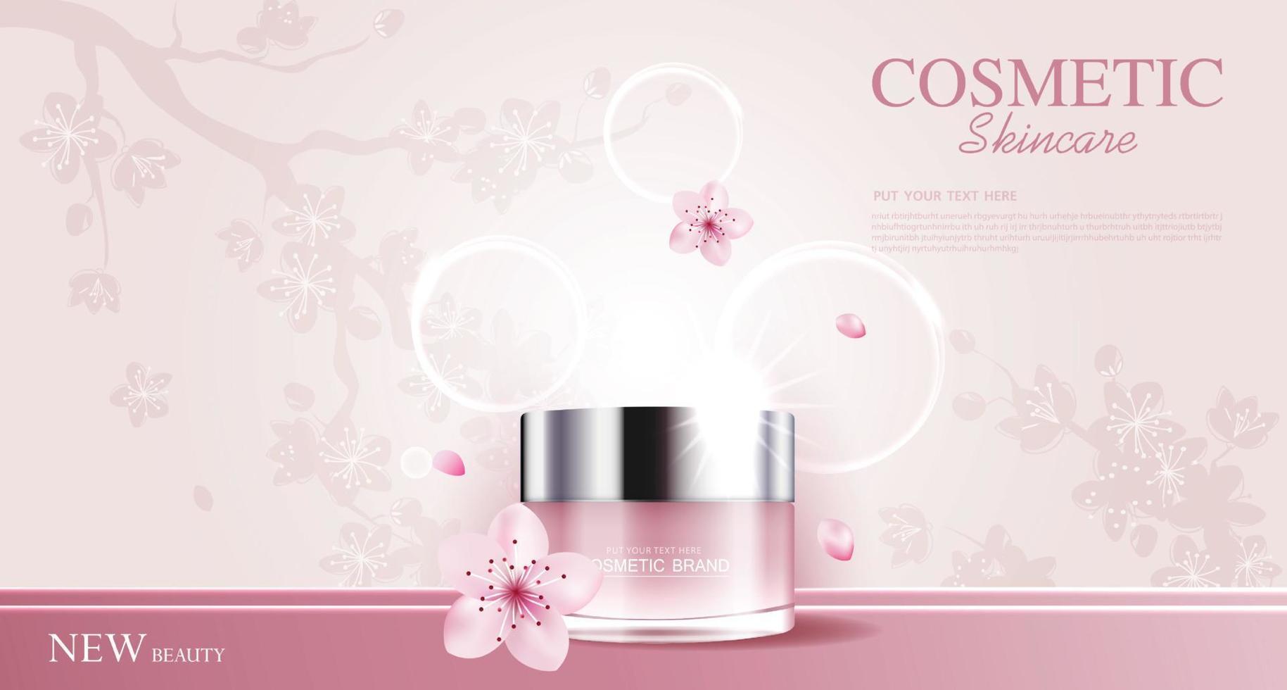 Hydrating facial sakura cream for annual sale or festival sale. Pink cream mask bottle isolated on glitter particles background for product presentation. Graceful cosmetic ads, Vector illustration