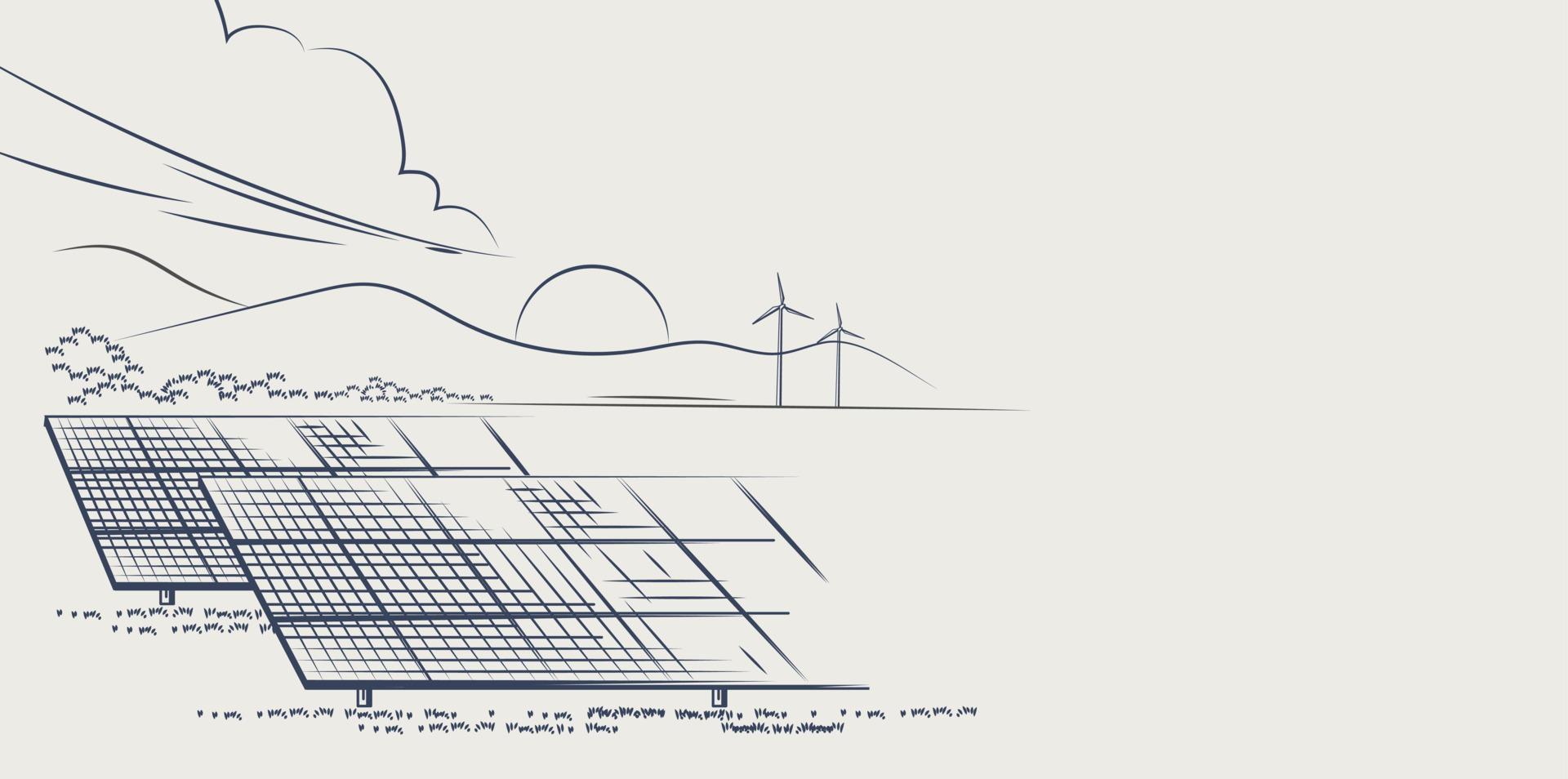 Paneles solares y turbinas eólicas o fuentes alternativas de energía. Suministro de energía ecológica sostenible. diseño de ilustración vectorial. vector