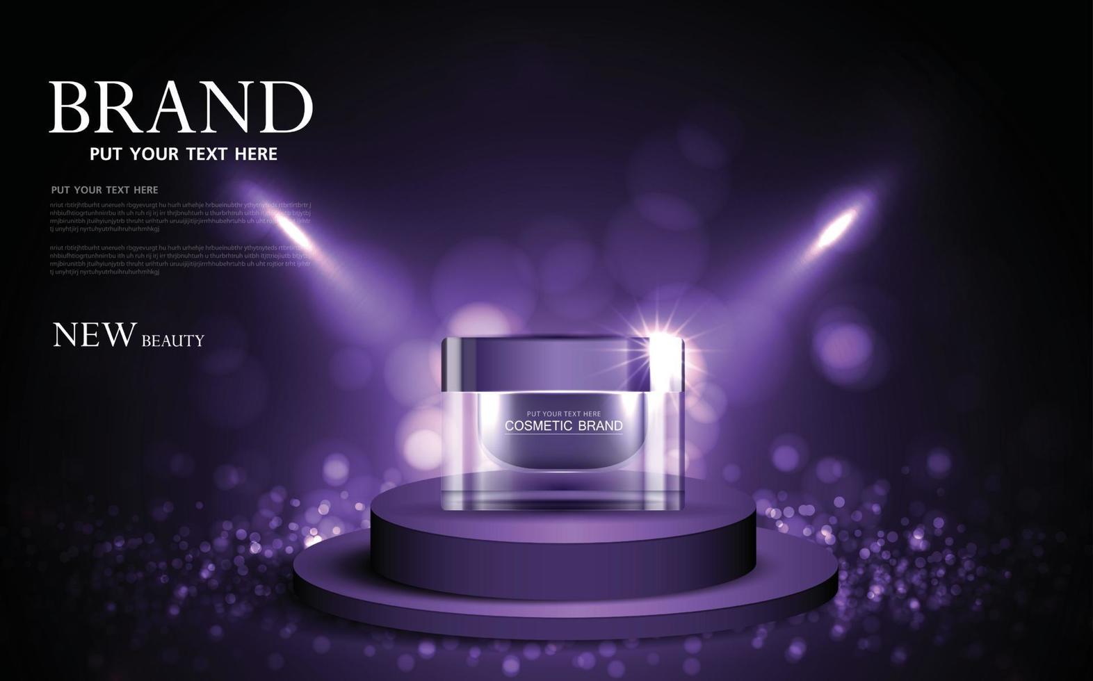 Cosmetics or skin care product ads with bottle, purple background glittering light effect. vector design.