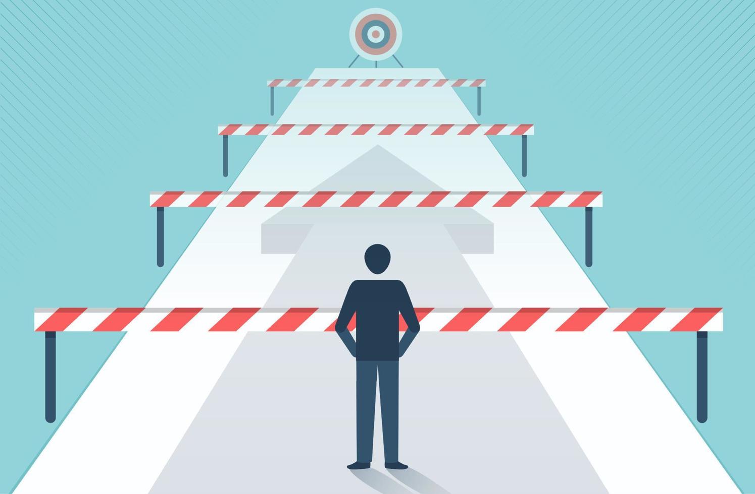 Businessman standing in front of many obstacles and barriers on the way to success vector design.