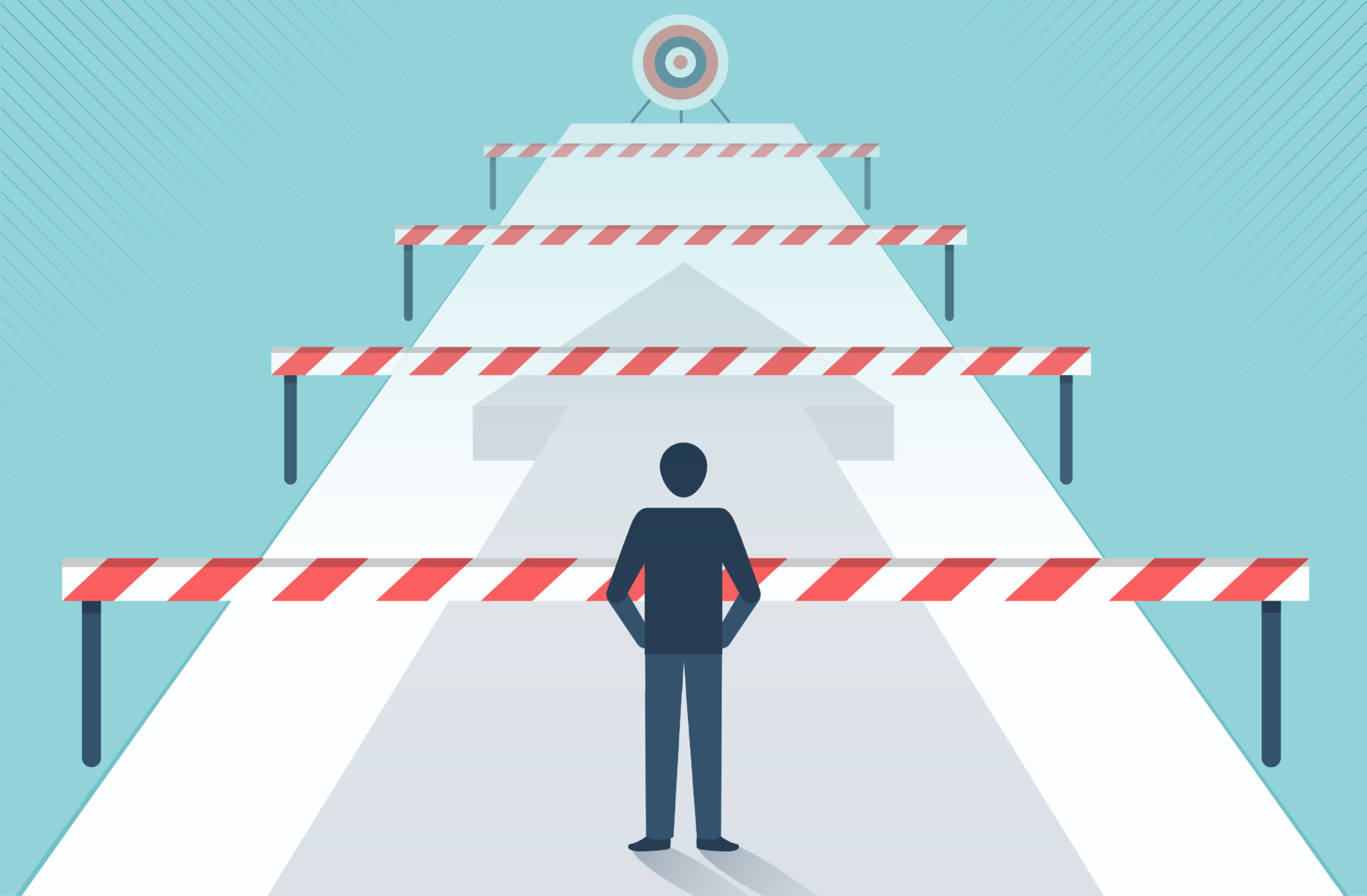 Businessman standing in front of many obstacles and barriers on the way