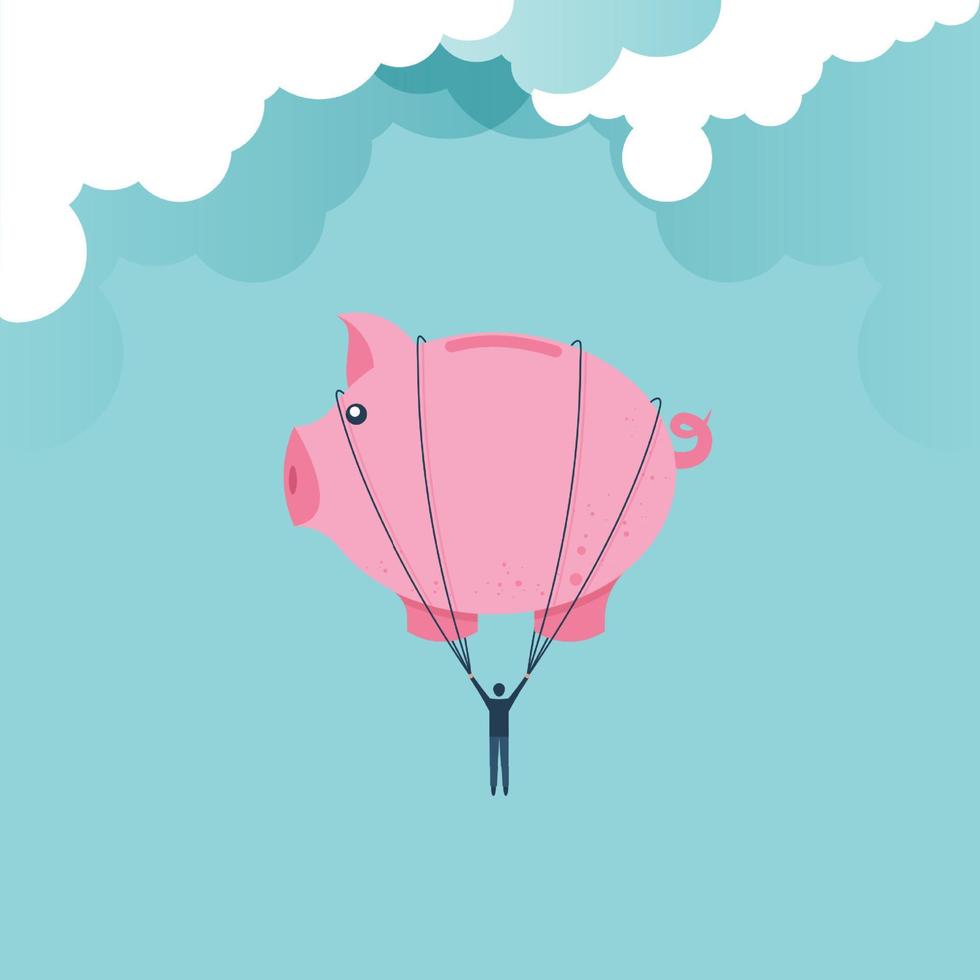 Financial freedom concept as a piggy bank balloon lifting a businessman up to success for management and investment. cartoon design. vector