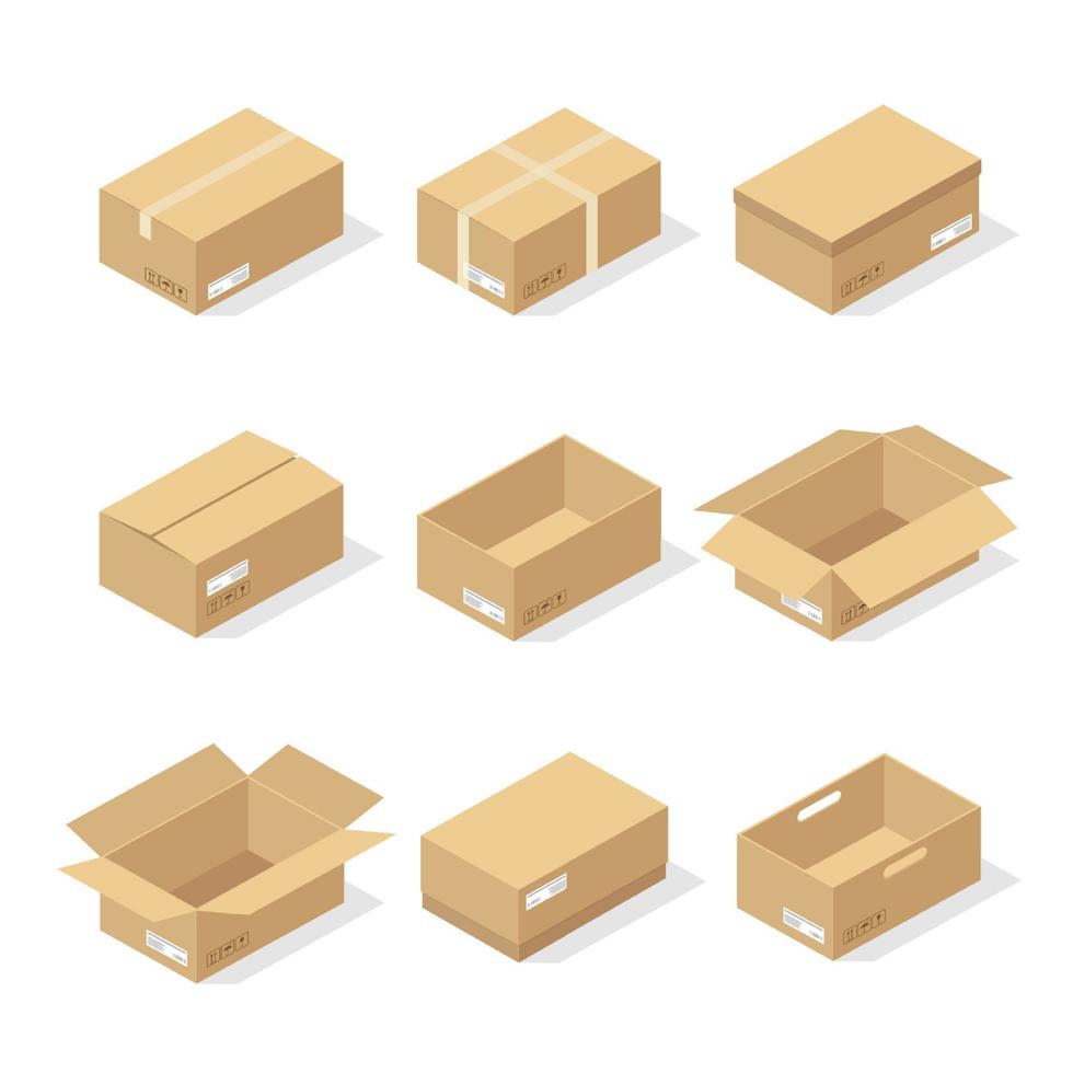 Cajas de cartón o papel de embalaje y caja de envío. paquetes de cartón y pila de paquetes de entrega, mercancías de almacén plano y transporte de carga. ilustración de diseño vectorial. vector