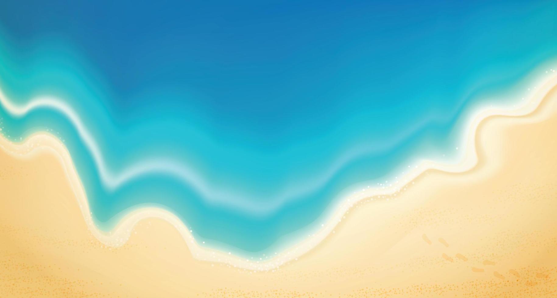 verano de vista superior con equipo de juego de agua colocado en la playa. Fondo de playa con anillo de natación, sandalias, sombrillas, pelotas, estrellas de mar y mar. ilustración vectorial. vector