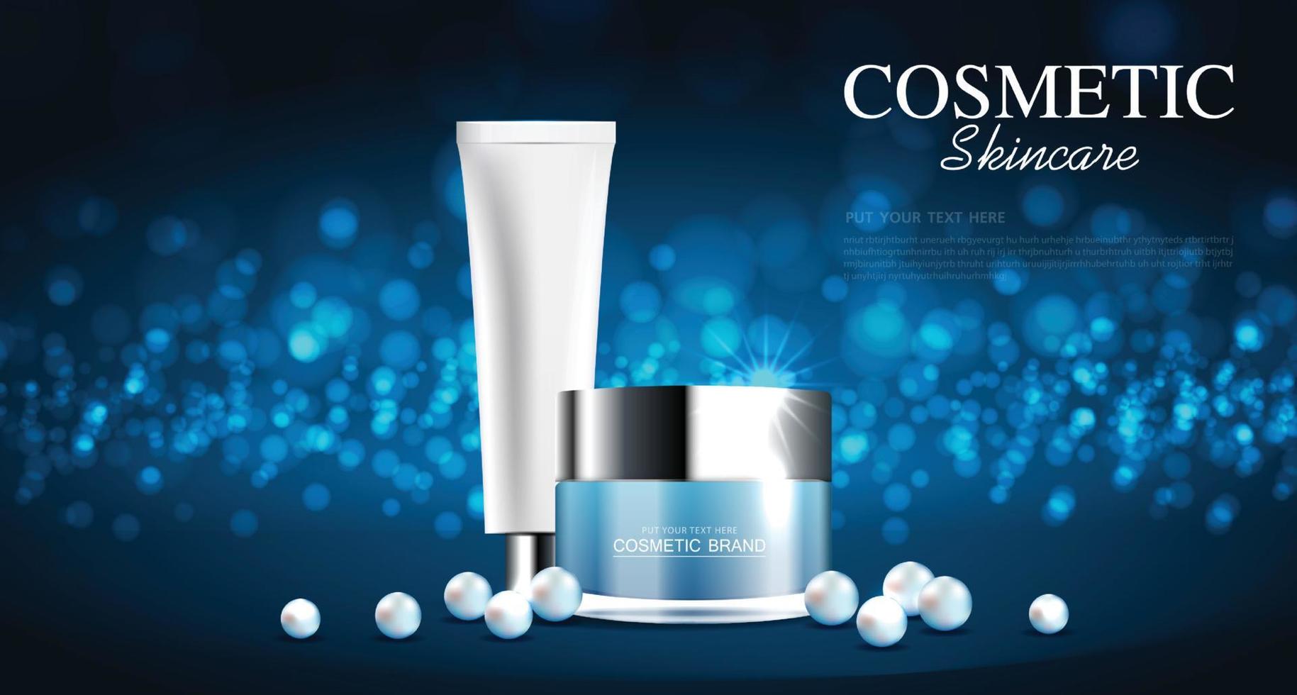 Cosmetics or skin care product ads with bottle, blue background glittering light effect. vector design.