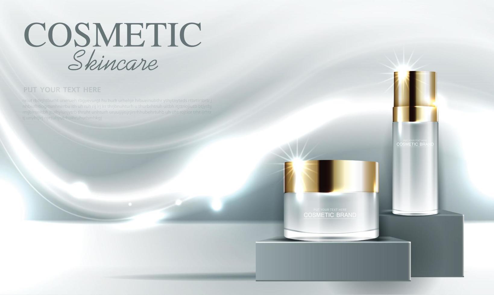 Cosmetics or skin care gold product ads with bottle and gray background glittering light effect. vector design.