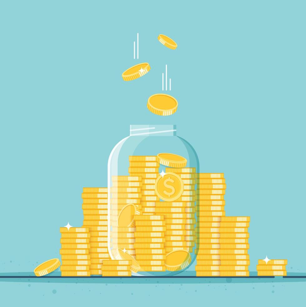 Glass money jar full of gold coins. Growth, income, savings, investment. Symbol of wealth. Business success. cartoon design. vector
