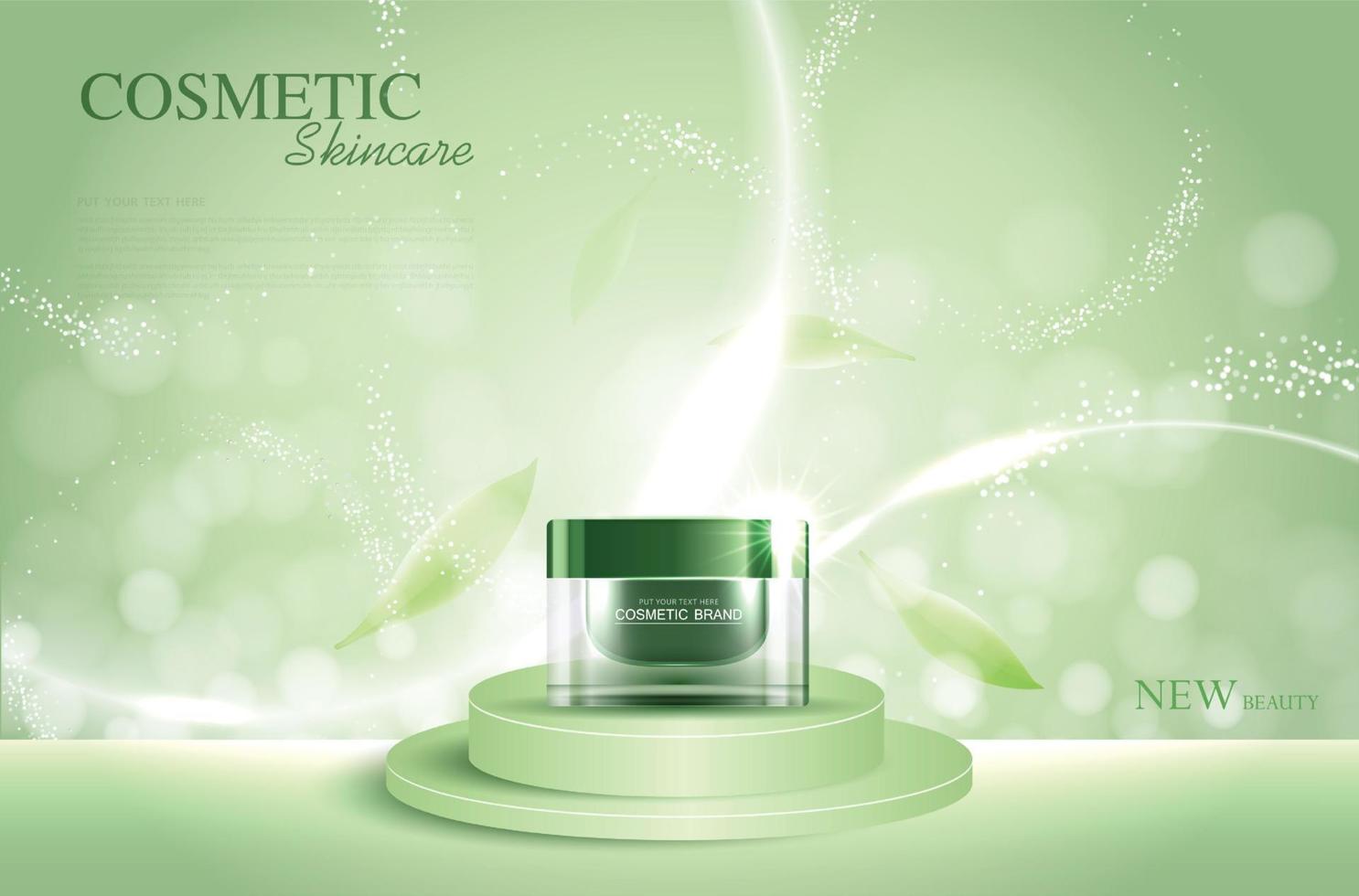 cosméticos o anuncios de productos de oro para el cuidado de la piel botella verde y efecto de luz brillante de fondo. diseño vectorial. vector
