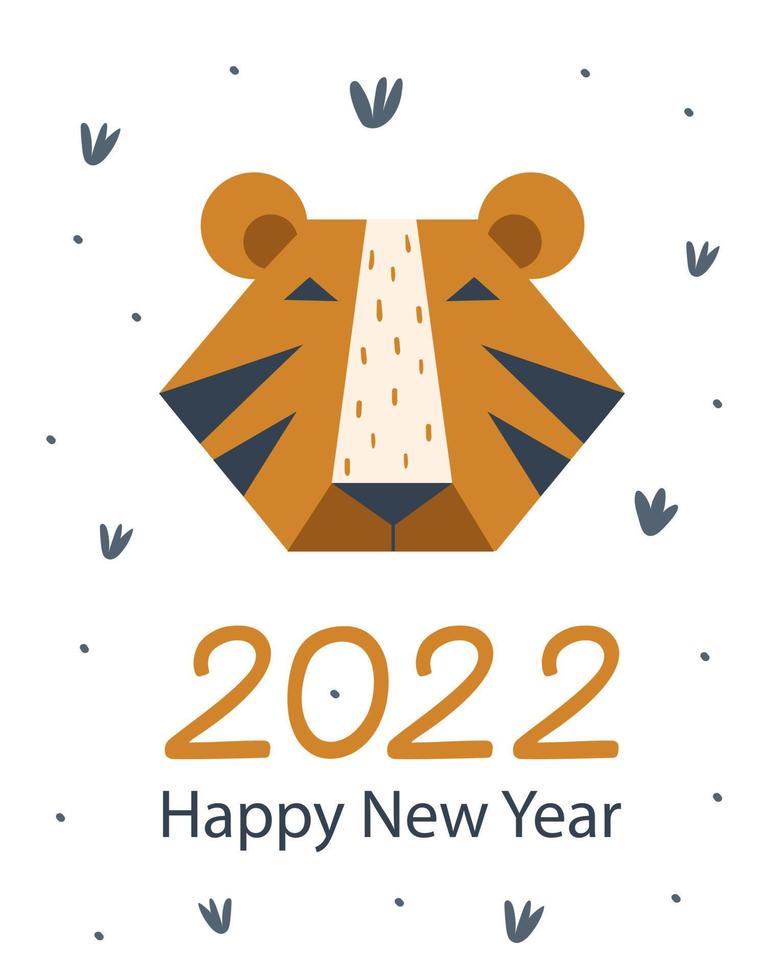 Happy New Year 2022 card with cute tiger. Vector illustrations