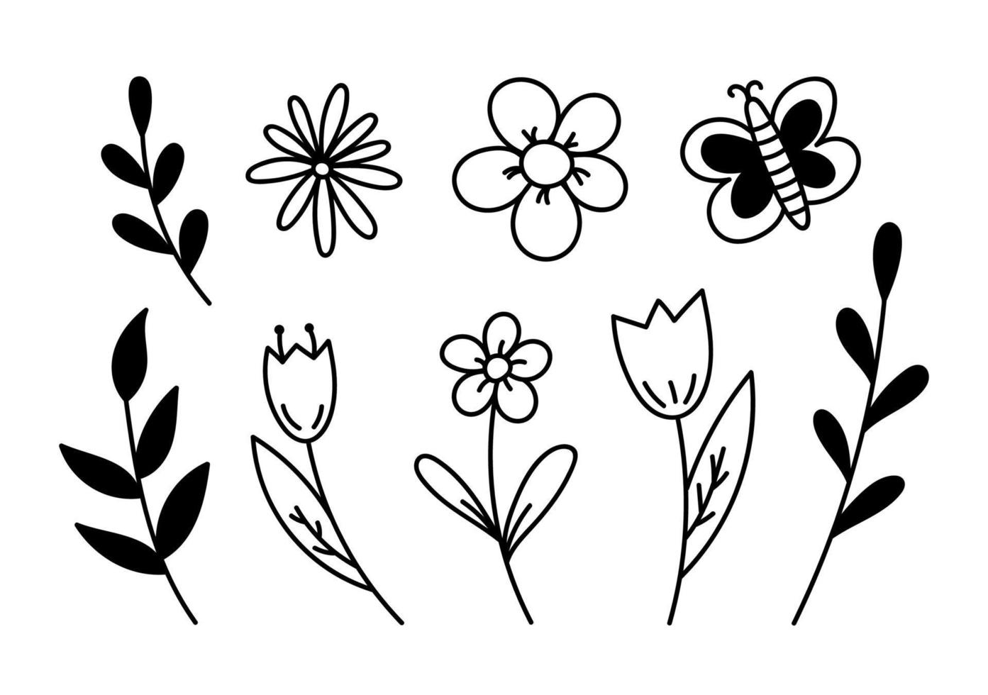 Set of cute cartoon flowers, twigs and butterfly isolated on white background. Vector hand-drawn illustration in doodle style. Spring design elements. Suitable for cards, decorations.