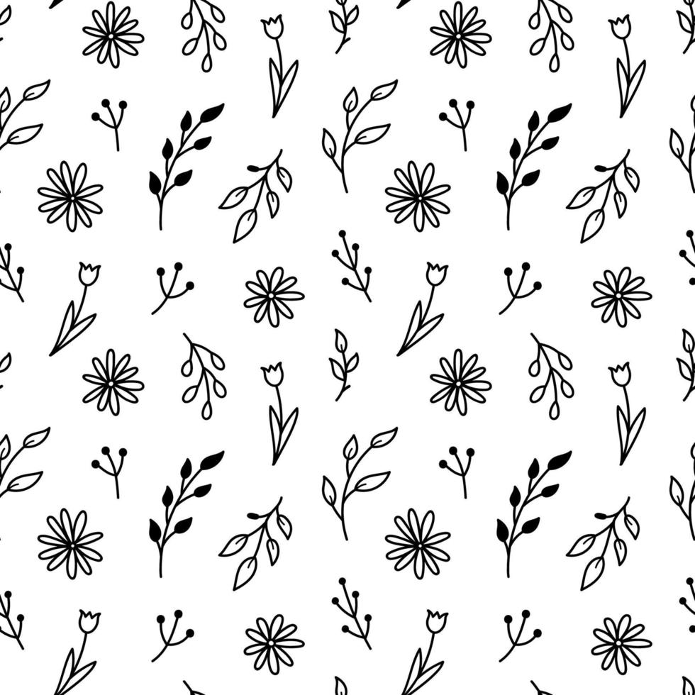 Botanical seamless pattern with tiny flowers and twigs. Abstract floral background. Vector hand-drawn illustration in doodle style.Perfect for cards, decoration, invitations, wrapping paper, wallpaper