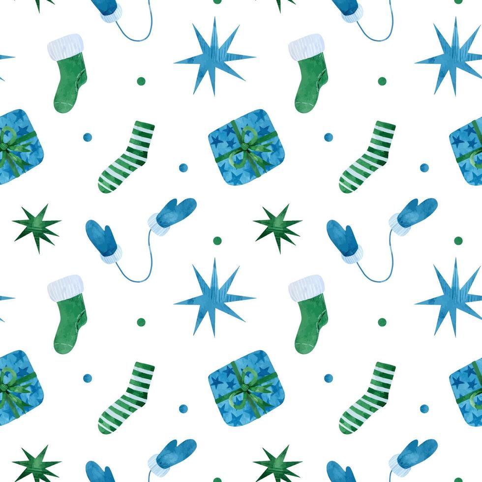 Christmas seamless pattern with blue and green elements. Festive socks, gifts, mittens and stars. Watercolor hand-drawn illustration. Perfect for wrapping paper, prints, packaging, textile, decor. vector