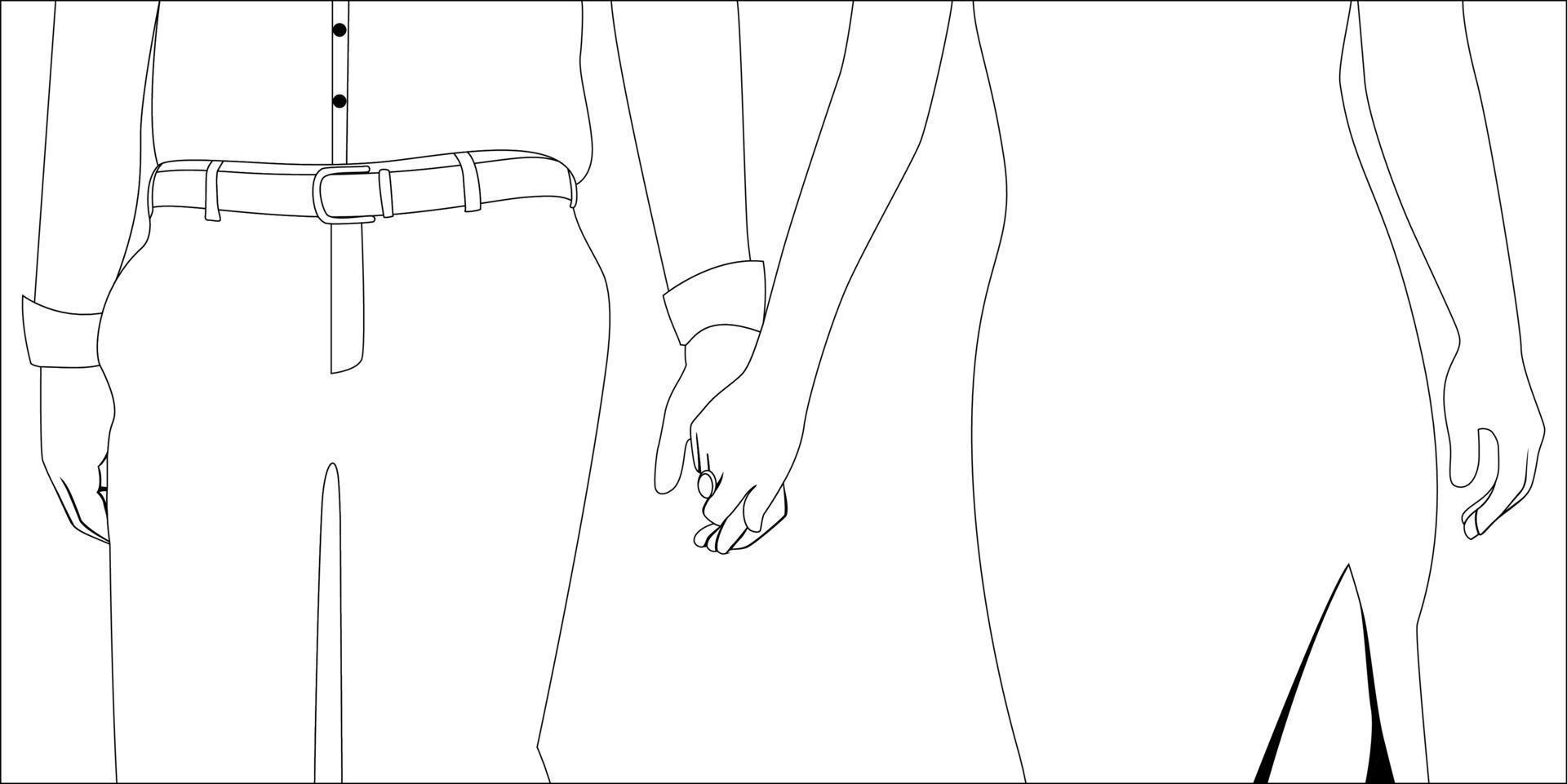 Couple holding hands, cropped character coloring page vector illustration of happy couple.