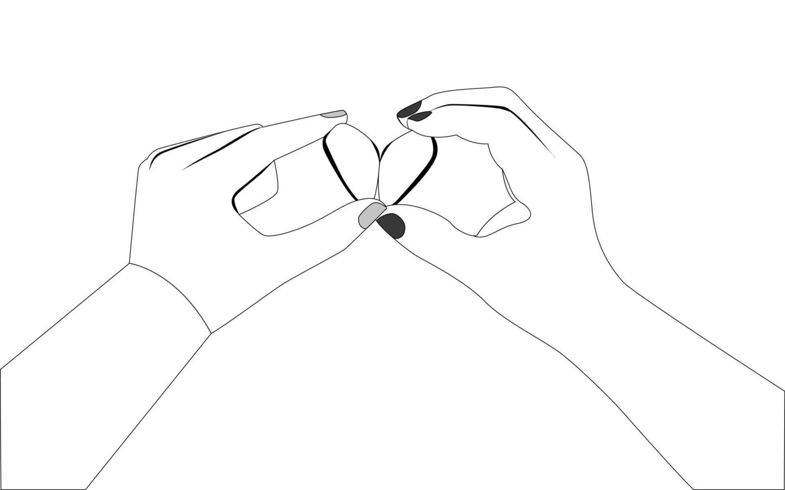 Two hands holding two half heart shape objects, happy romantic couple coloring pages vector illustration.