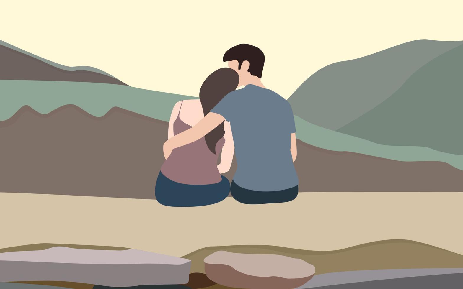 Ilustración de personaje de una pareja en pose sentada desde la parte trasera con un hermoso fondo de montaña y piedra, ilustración de vector de pareja feliz.