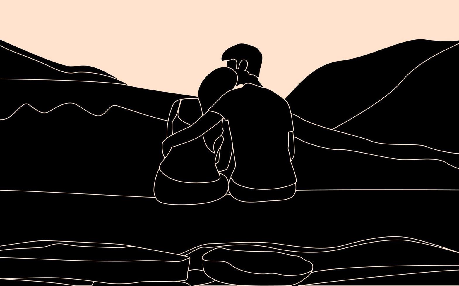 A couple sitting on mountain top drawn from backside, romantic couple Character silhouette vector illustration.