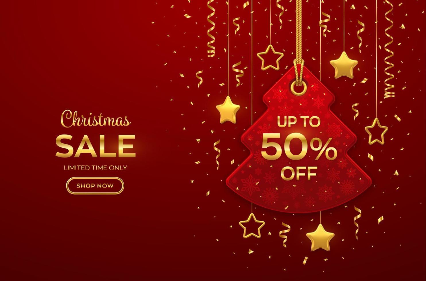 precio de venta de navidad y año nuevo. etiqueta roja realista colgando de una cuerda dorada. etiqueta de descuento con estrellas doradas y confeti. diseño de banner de navidad, publicidad, precio de marketing. ilustración vectorial. vector