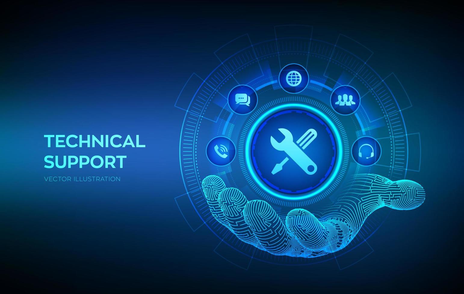 Technical support icon in robotic hand. Customer help. Tech support. Customer service, Business and technology concept. Vector illustration.